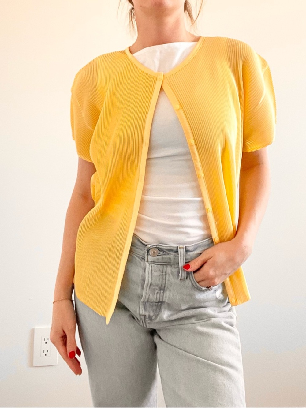 Vintage Sunny Yellow Ribbed Button Down Short Sleeve Cardigan